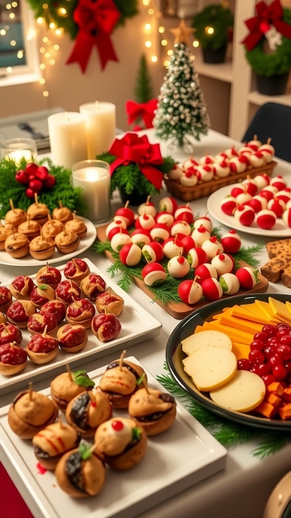 A festive assortment of Christmas party snacks including stuffed mushrooms, meatballs, Caprese skewers, and a cheese platter on a decorated table.